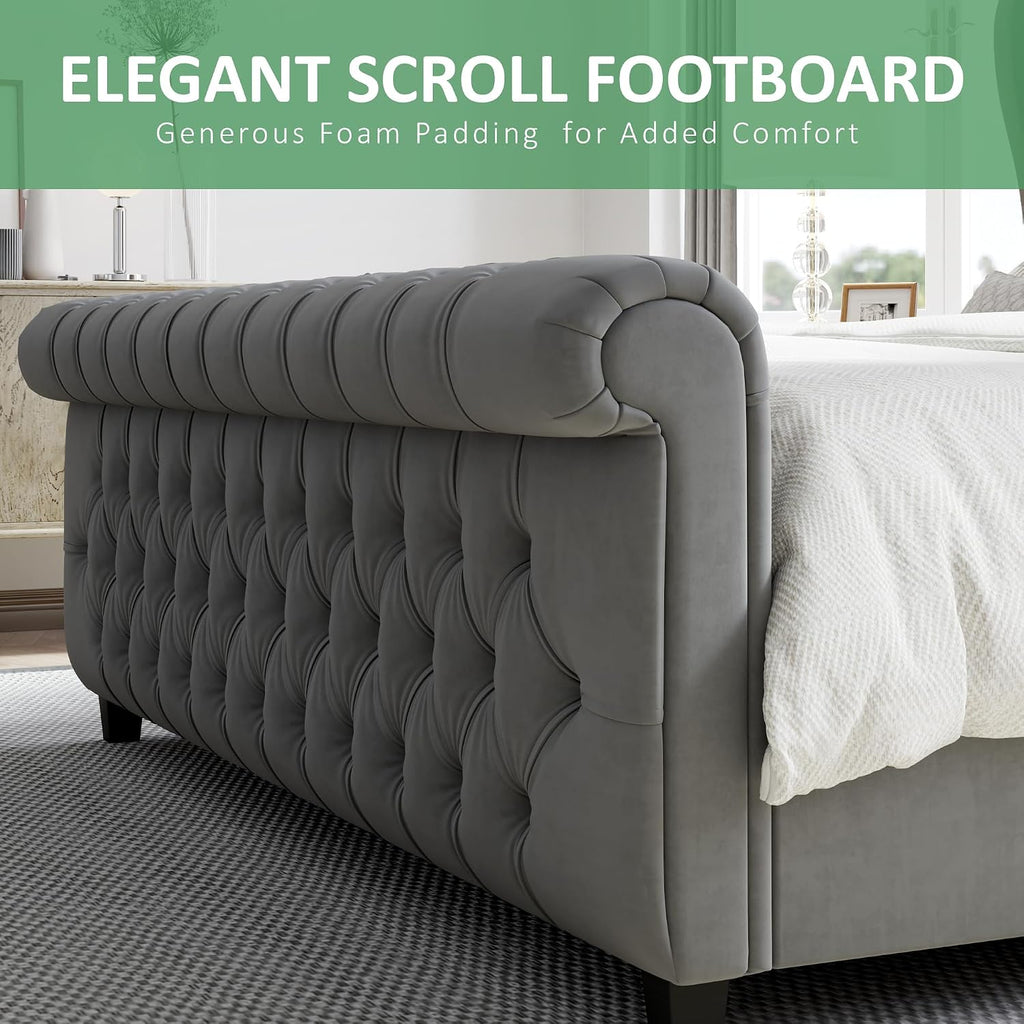 Queen Size Upholstered Sleigh Bed Frame with Wingback Headboard