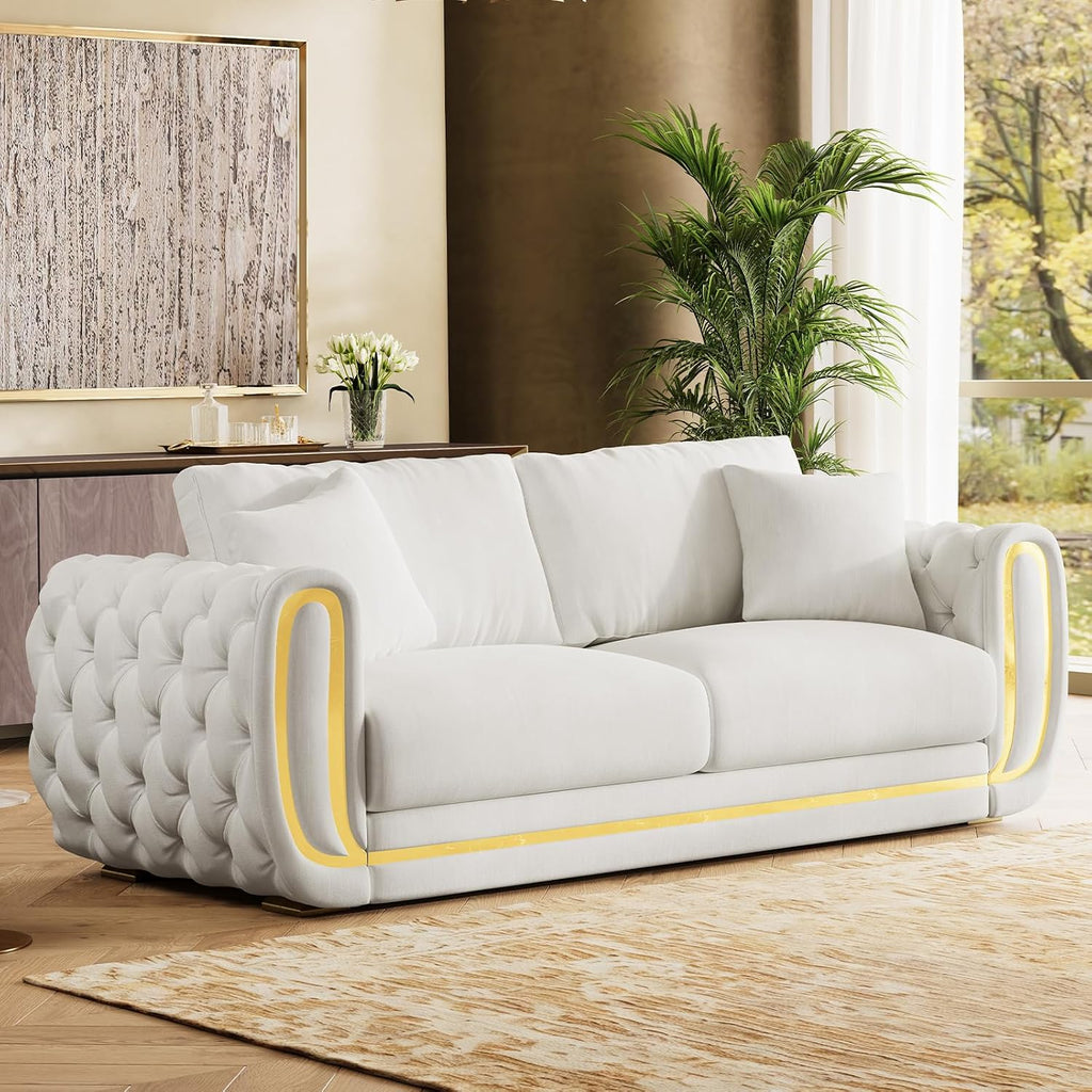 86"&86" Luxury Oversized Velvet Chesterfield Sofa Set,Beige and Gold Couch