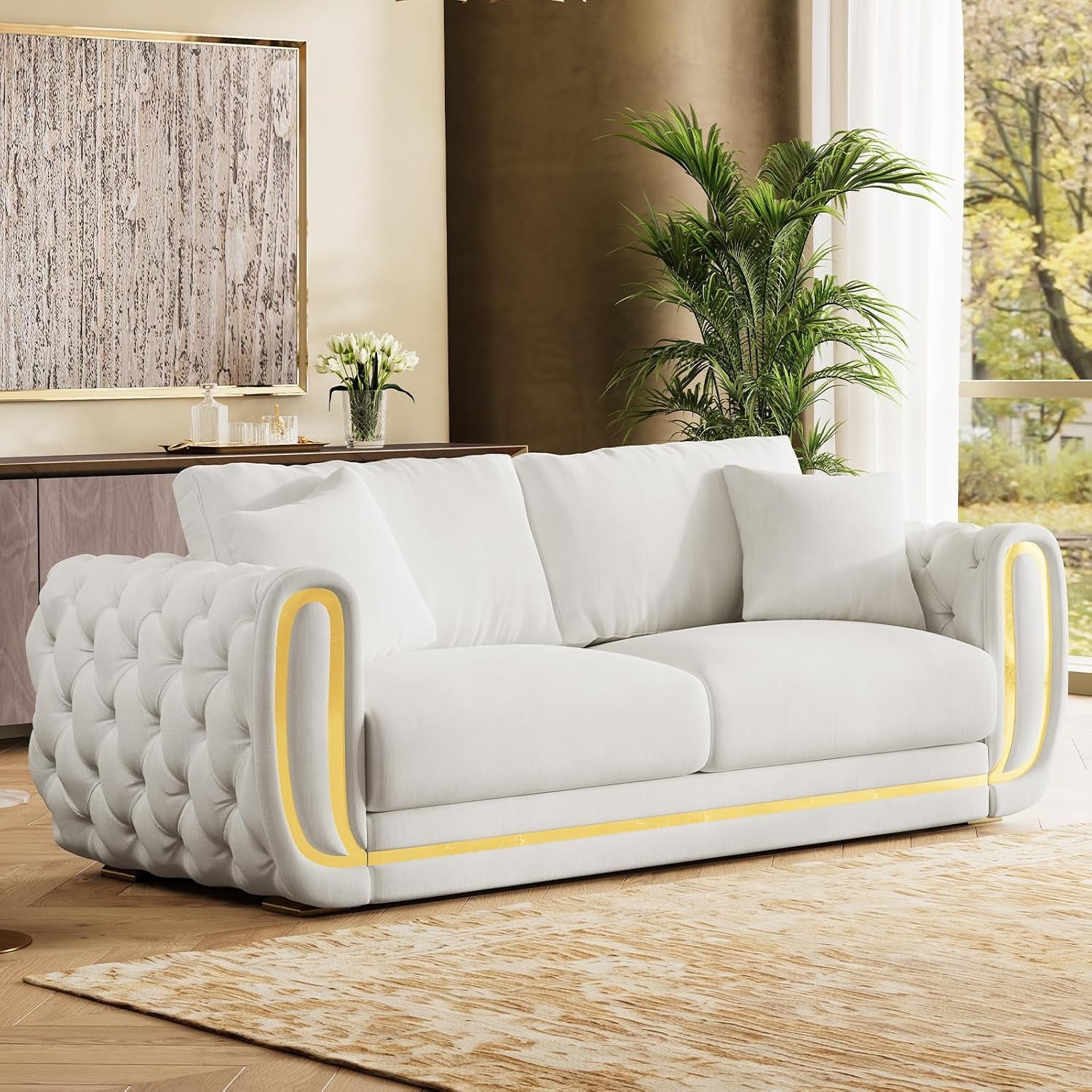 86"&86" Luxury Oversized Velvet Chesterfield Sofa Set,Beige and Gold Couch