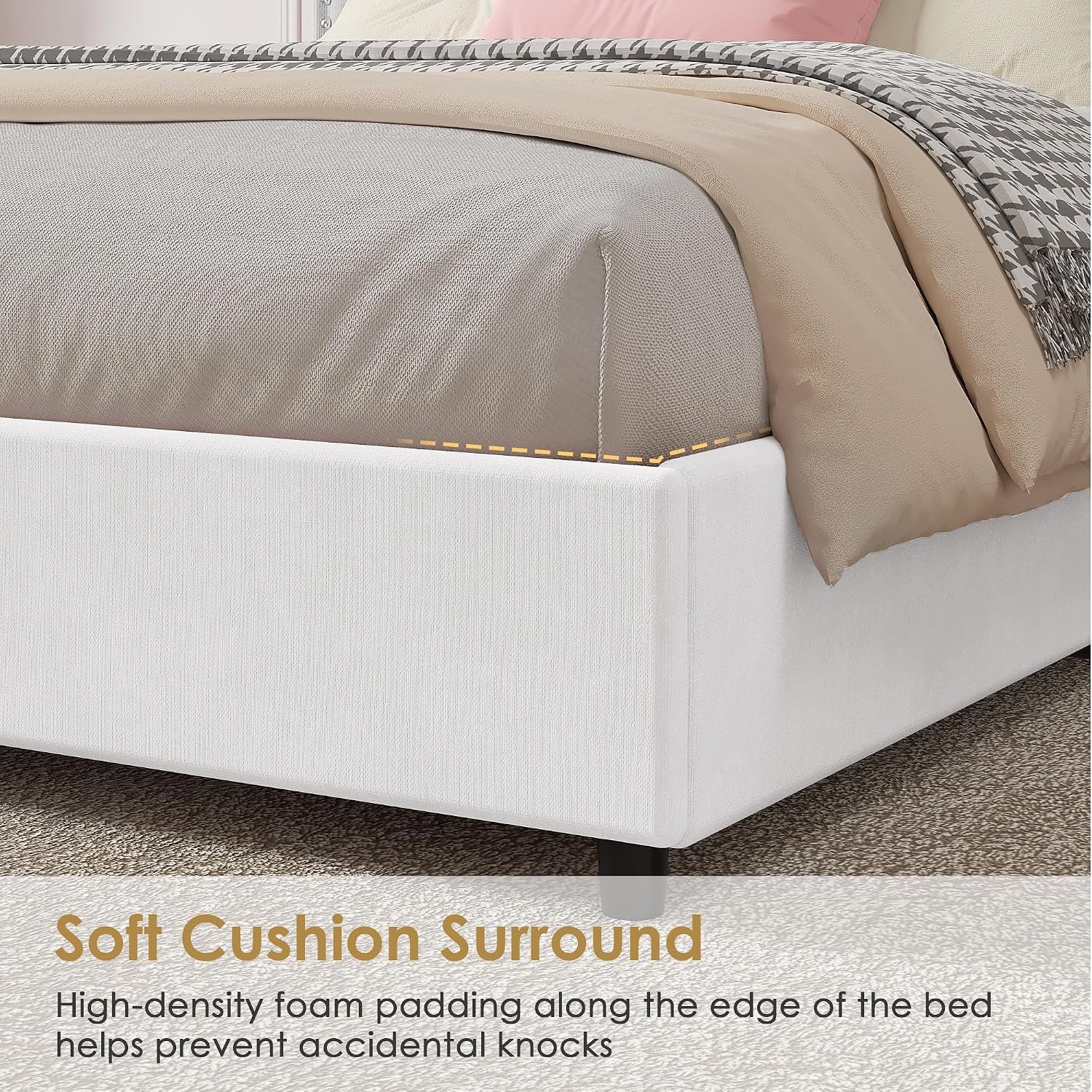 Queen Size Upholstered Bed Frame with 4 Storage Drawers, Adjustable Velvet Rivet Decor Headboard, Wooden Slats Platform Support, No Box Spring Needed, Easy Assembly,White