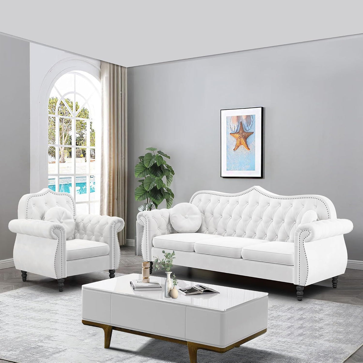 Chesterfield 2-Piece Living Room Sectional Sofa Set, Mid-Century Modern Upholstered Velvet Sofa Couch, Classic Tufted Button Sofa with Nailhead Trim for Living Room, Office (1+3 Seat White)