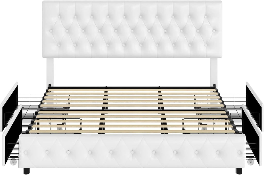 Queen Size Upholstered Platform Bed Frame with 4 Storage Drawers, Modern White Faux Leather Bed with Adjustable Button Tufted Headboard, Solid Wooden Slat Support, Easy Assembly