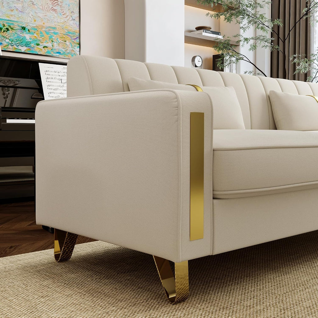 2-Piece Loveseat Couch Set for Living Room, 86" Beige 3-Seater Velvet Sofa Couch with 4 Pillows & Gold Metal Legs, Modern Upholstered Sofa Set Love Seat Sectional Couches for Apartment Home Office