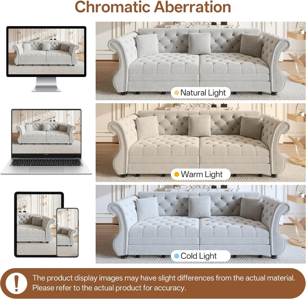 Sleeper Sofa Bed 97.6", Velvet Pull Out Couch, Chesterfield Sofa, Gray