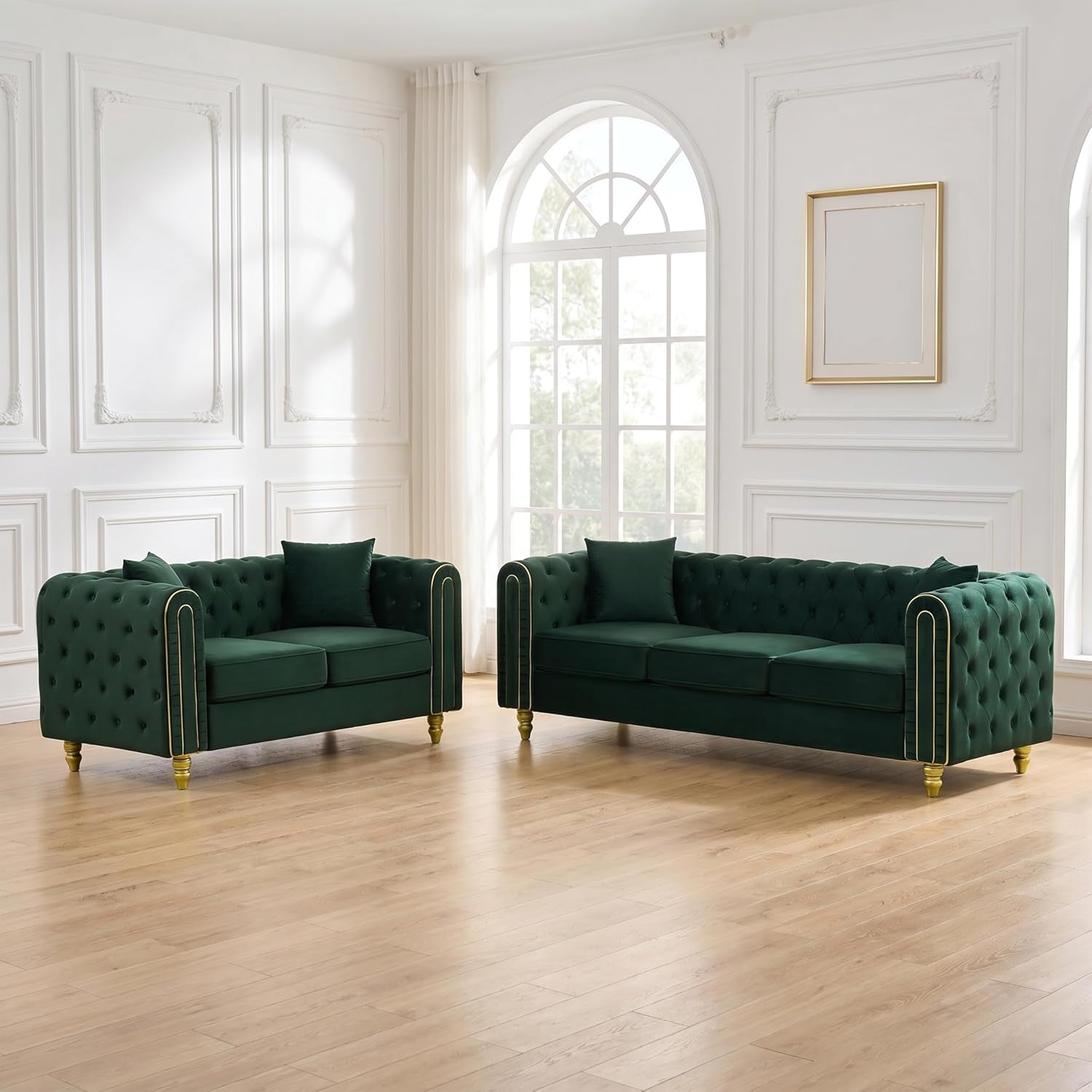 Chesterfield 86" 3-Seater + 63" Loveseat Green Velvet Sofa Sets, 3+2-Seater Couch Comfy Sofa, Button Tufted Rolled Arms and Gold Legs (Green, 2 Piece 86" 3-Seater + 63" Loveseat Sofa, Velvet)