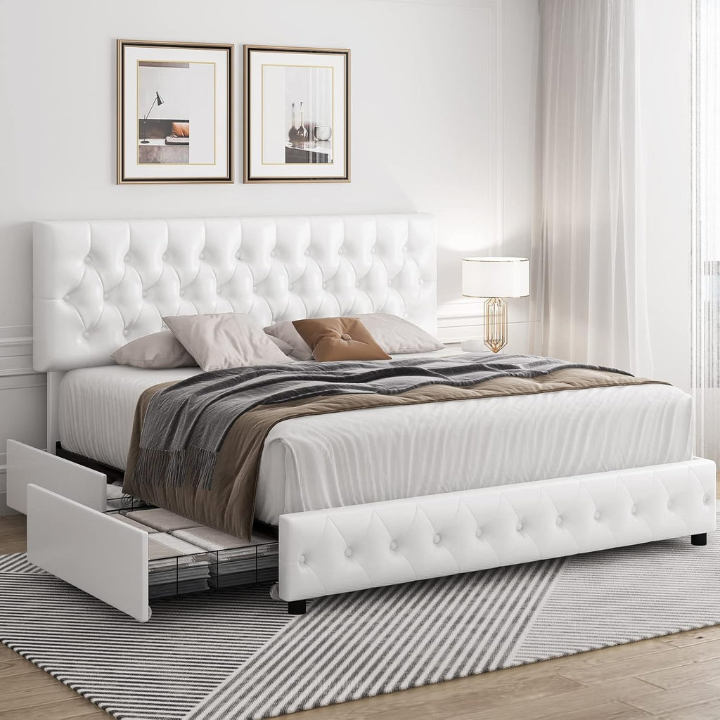 Queen Size Upholstered Platform Bed Frame with 4 Storage Drawers, Modern White Faux Leather Bed with Adjustable Button Tufted Headboard, Solid Wooden Slat Support, Easy Assembly