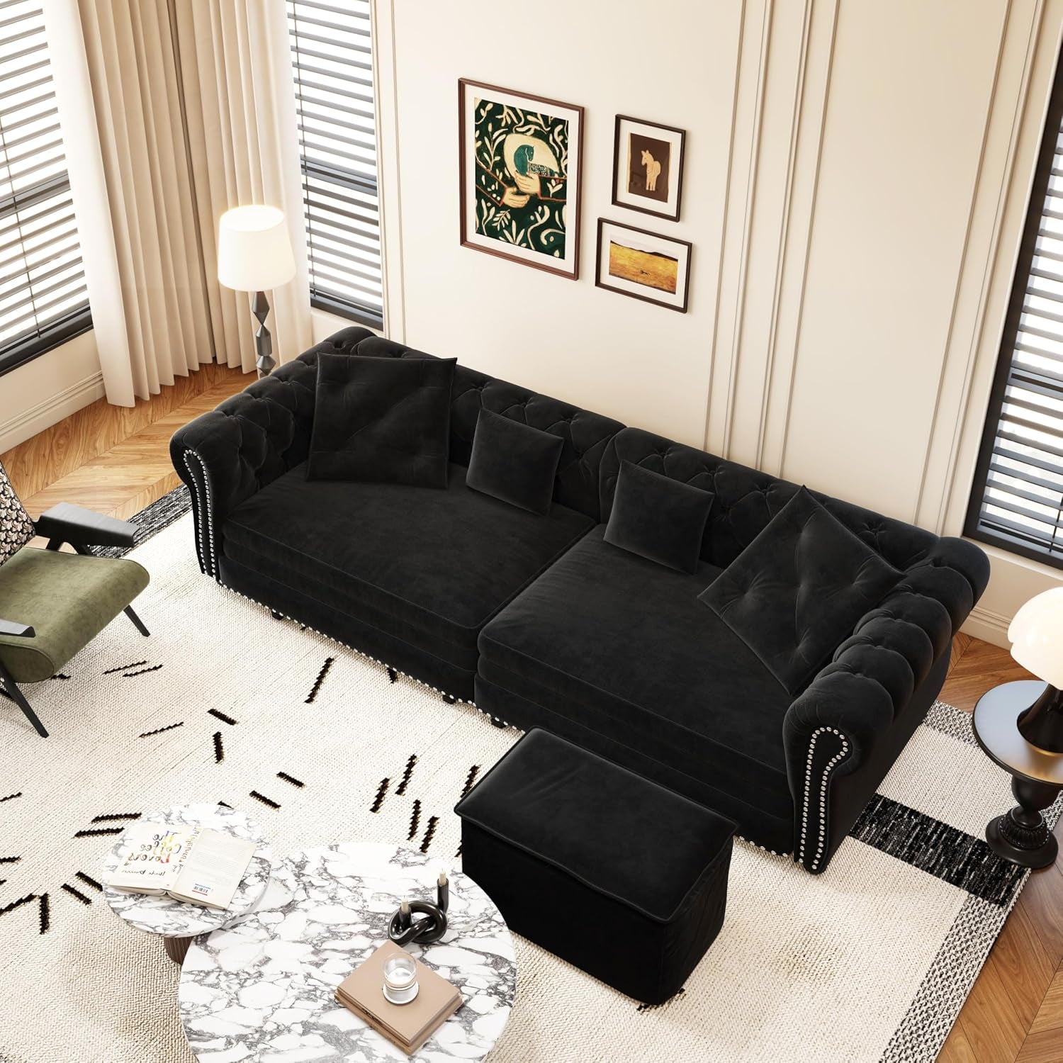 89" King Size Sleeper Sofa Bed, 3-In-1 Convertible Pull Out Chesterfield Sleeper Couch with Ottoman, Oversized Velvet Button Tufted L Shaped Sofa for Living Room Small Spaces (Black)