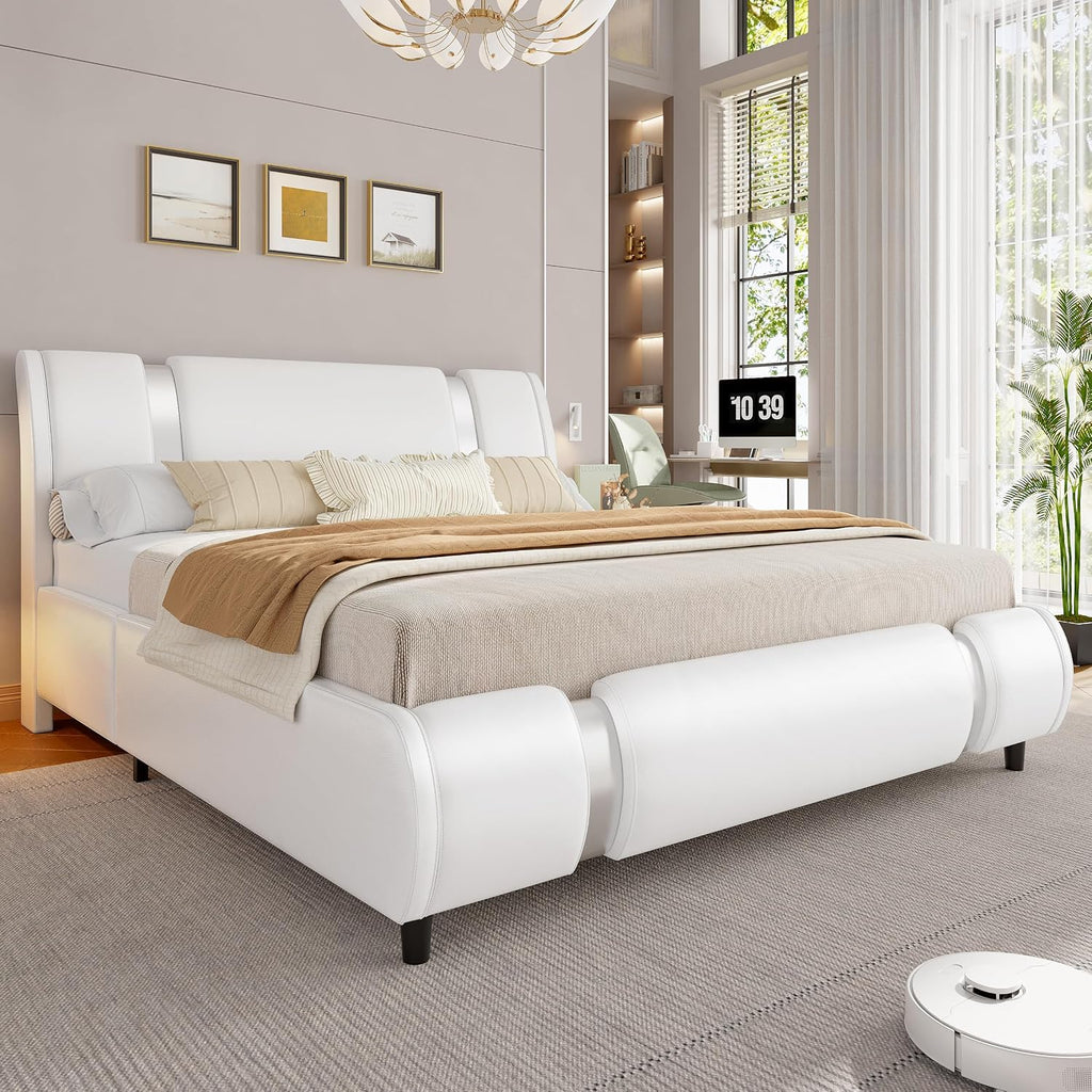 Modern Queen Size Bed Frame with Mirror Metal Decoration, Faux Leather Upholstered Platform Bed with Curved Headboard, Wooden Slats Support, No Box Spring Needed, White