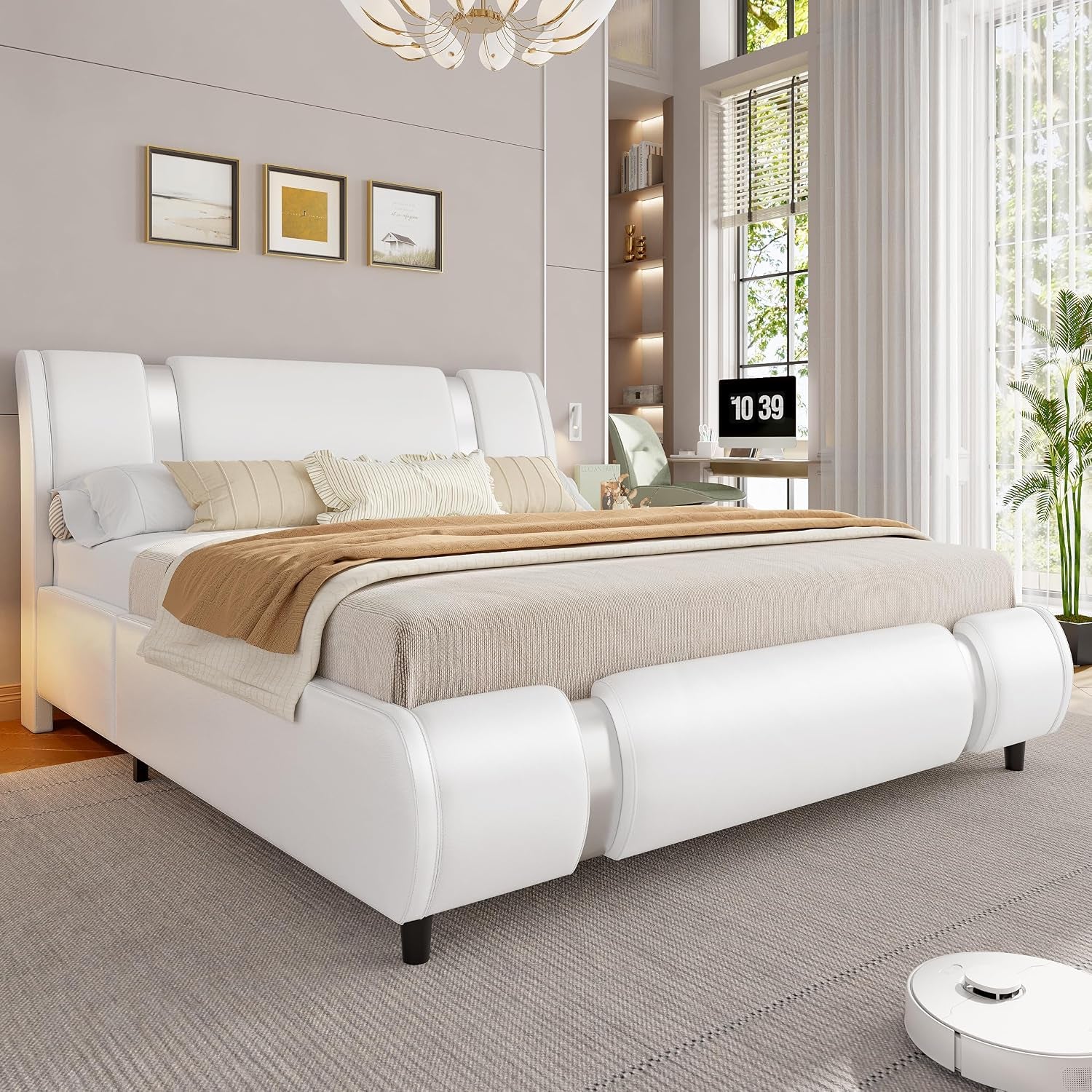 Modern Queen Size Bed Frame with Mirror Metal Decoration, Faux Leather Upholstered Platform Bed with Curved Headboard, Wooden Slats Support, No Box Spring Needed, White