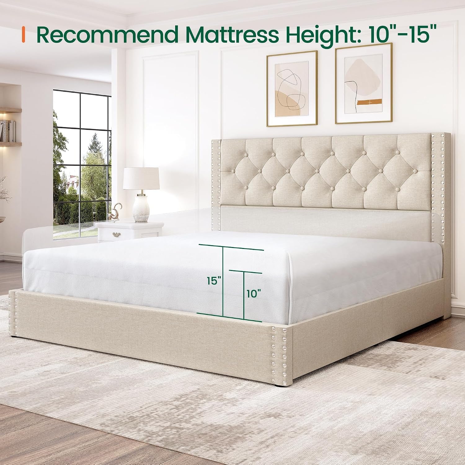 Queen Size Bed Frame with 4 Storage Drawers and Tufted Headboard Linen Upholstered Platform Bed Frame with Heavy Duty Wood Slats, No Box Spring Needed, Easy Assembly, Beige