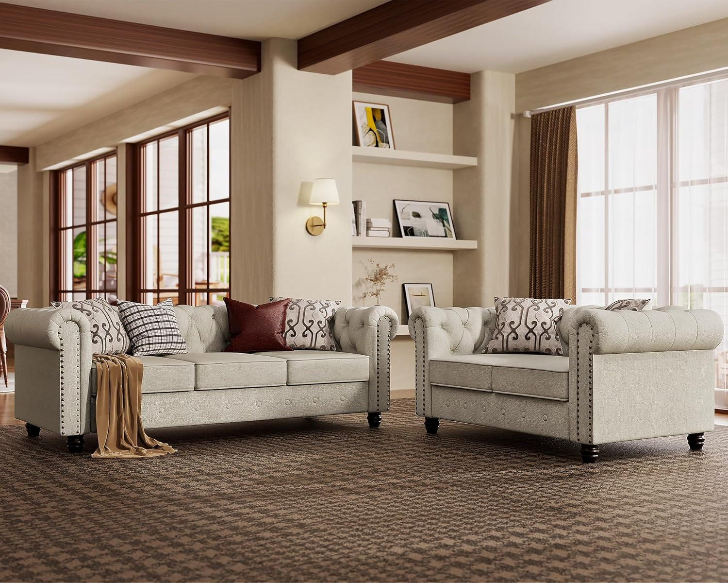 2 Piece Classic Chesterfield 5-Seater Set, Tufted Loveseat & Sofa Furniture Solid Wood Legs Thick Cushion, Pet-Friendly Couch Set for Living Room Bedroom Apartment, Linen Beige