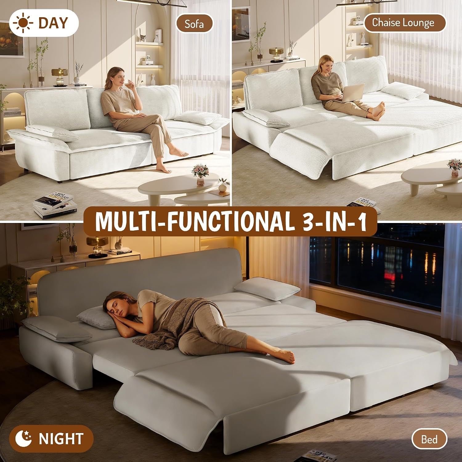 94.5" King-Size 3-In-1 Convertible Sleeper Sofa, Oversized Pull-Out Couch with Cloud-Style Deep Seat, Corduroy Reclining Loveseat for Home Theater & Family Living