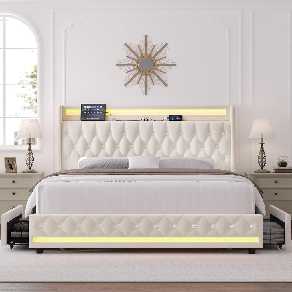 Upholstered Queen LED Bed Frame W/Storage & Charging Headboard, Beige
