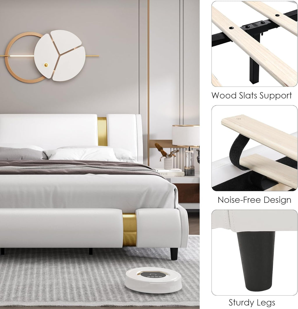Modern Faux Leather Upholstered Platform Bed Frame with Golden Iron Metal Decor, Adjustable Curved Headboard, Wooden Slats Support, No Box Spring Needed, King Size, White