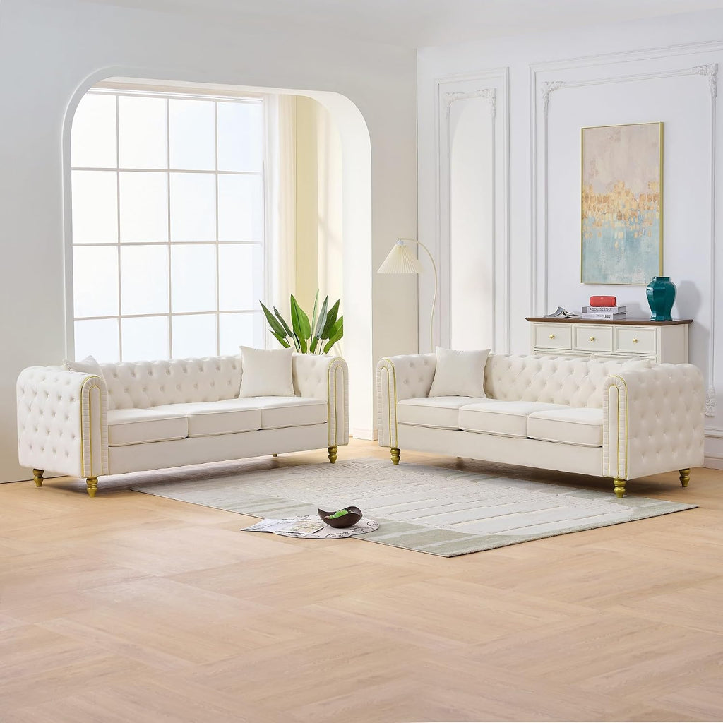 Velvet Chesterfield Button Tufted Sofa Set, 2 Pcs Modern 3 Seater Couch with Golden Legs & High-Density Cushion, Upholstered Comfy Sofa with Pillows for Living Room, Beige