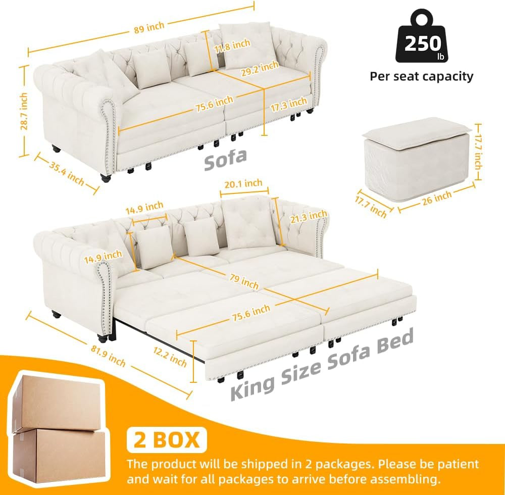 89" King Size Sleeper Sofa Bed, 3-In-1 Convertible Pull Out Chesterfield Sleeper Couch with Ottoman, Oversized Velvet Button Tufted L Shaped Sofa for Living Room Small Spaces, Beige White