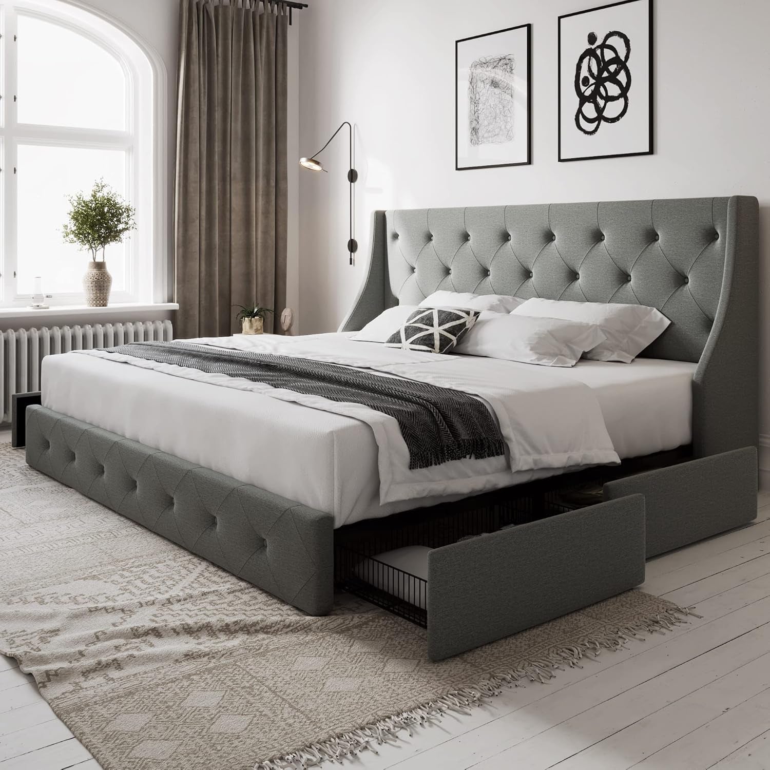 Queen Bed Frame with 4 Storage Drawers and Wingback Headboard, Button Tufted Design, No Box Spring Needed, Light Grey