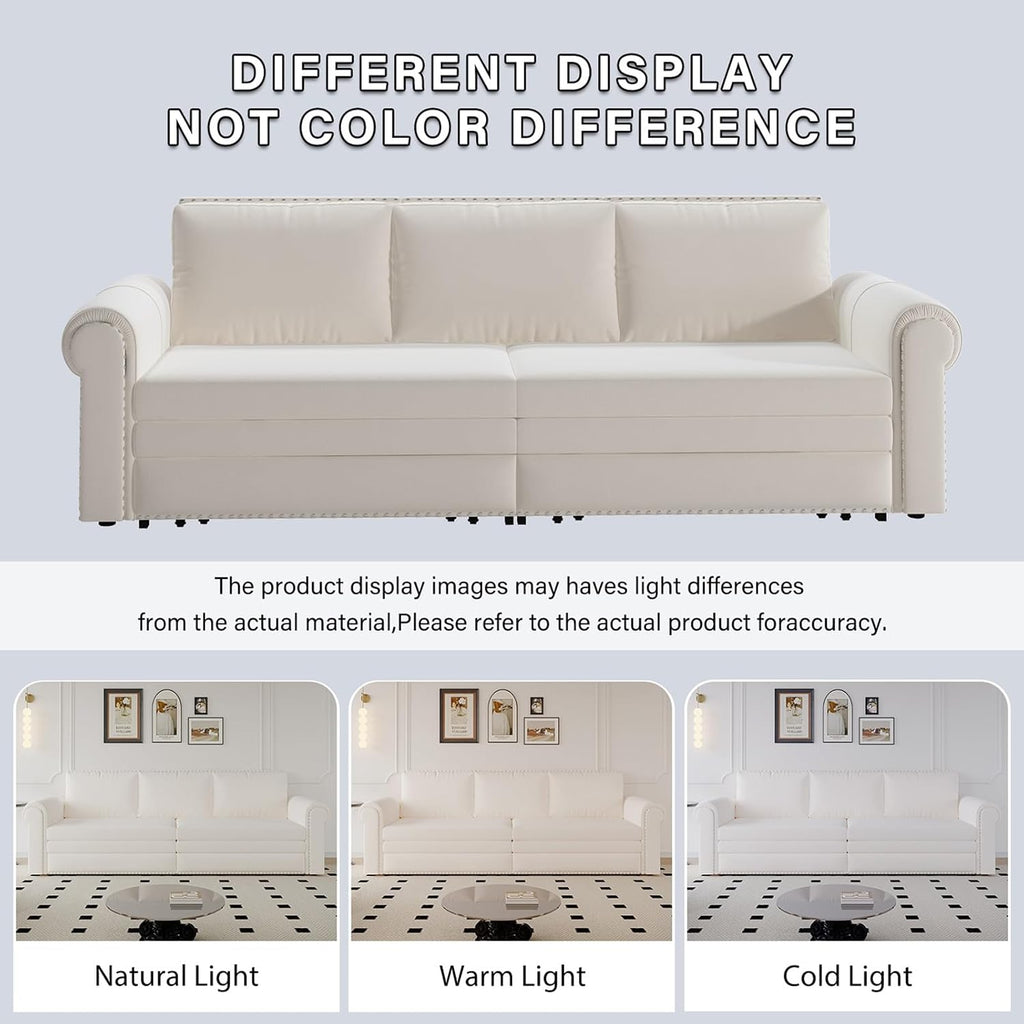 3 in 1 Convertible Sleeper Sofa Bed, 93.7" King Size Sofa Sleeper with Pull Out Bed, Velvet Folding Loveseat Sofa 3-Seater with Deep Seat, Nailhead Trim & Rolled Arm for Living Room (Beige)