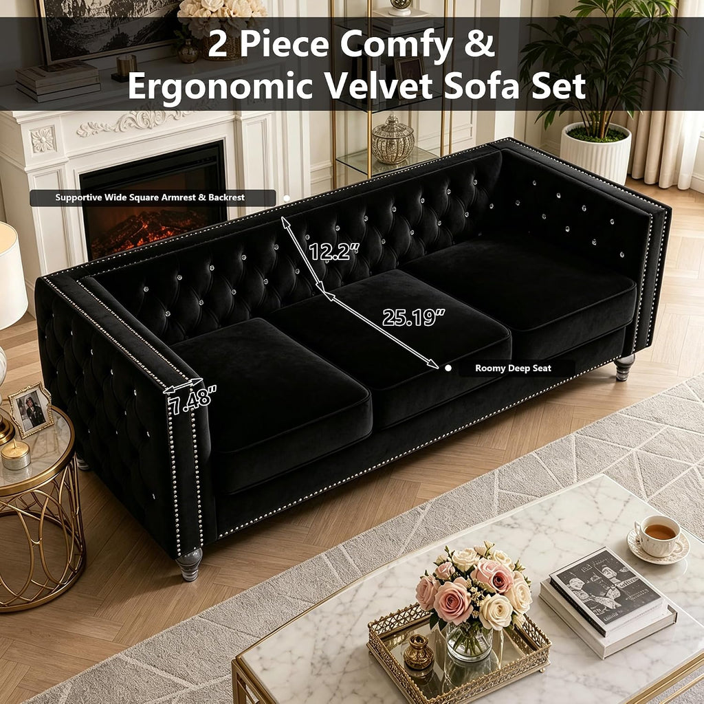 2 Piece Chesterfield Sofa Couch Set for Living Room,Luxury Crystal Button Tufted Sofas with Silver Nailhead Trim Set of 2,Including a Loveseat and a 3 Seater Sofa for Apartment,Velvet Black