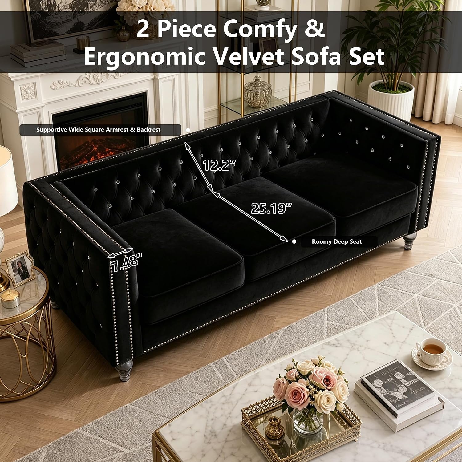 2 Piece Chesterfield Sofa Couch Set for Living Room,Luxury Crystal Button Tufted Sofas with Silver Nailhead Trim Set of 2,Including a Loveseat and a 3 Seater Sofa for Apartment,Velvet Black