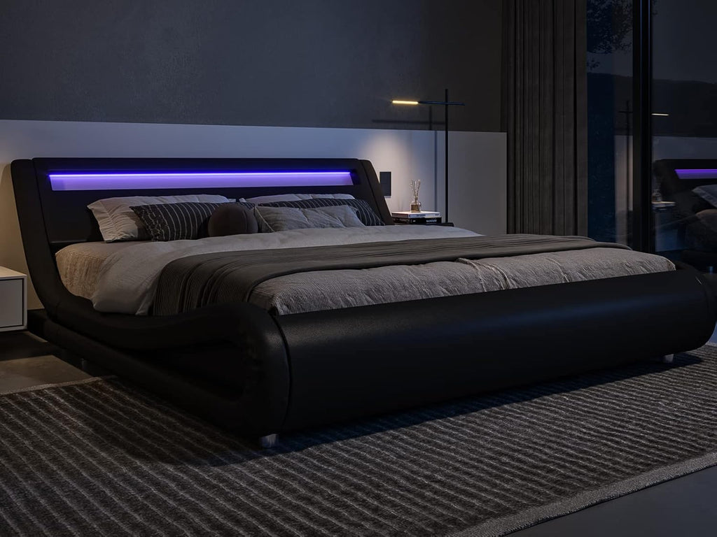 King Size LED Platform Bed Frame with Adjustable Headboard, Black