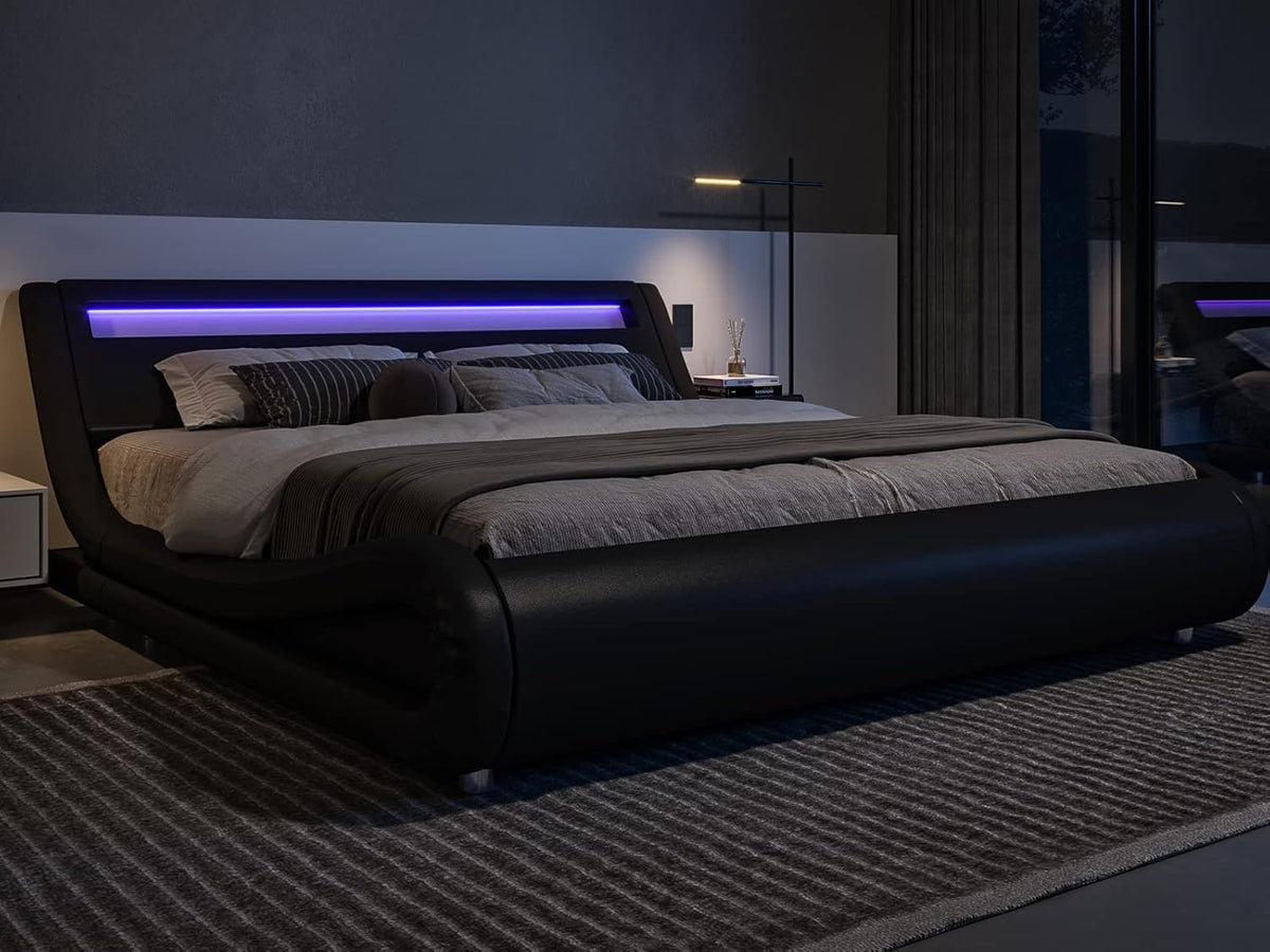 King Size LED Platform Bed Frame with Adjustable Headboard, Black
