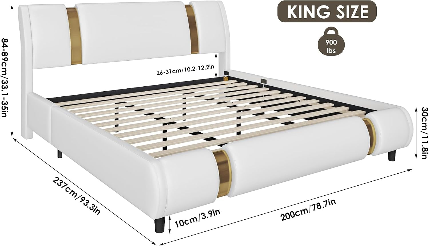 Modern Faux Leather Upholstered Platform Bed Frame with Golden Iron Metal Decor, Adjustable Curved Headboard, Wooden Slats Support, No Box Spring Needed, King Size, White