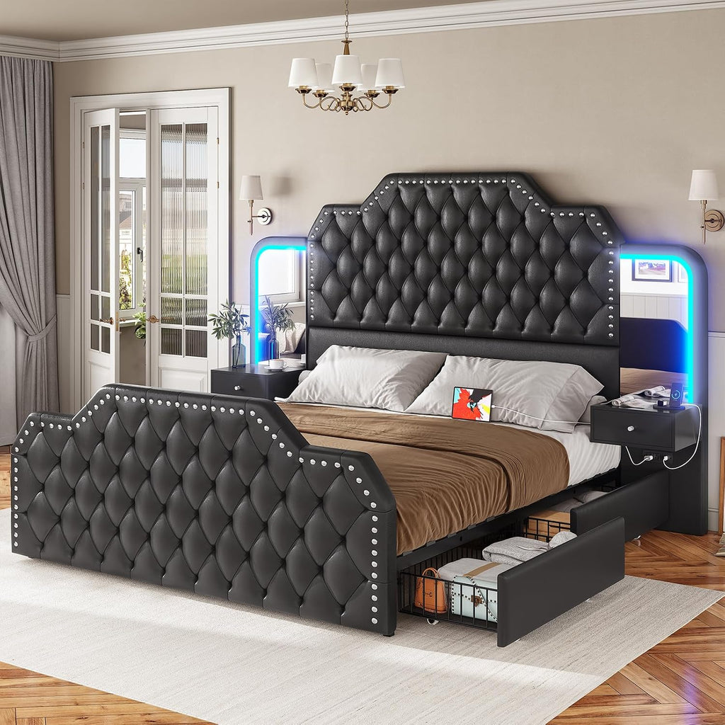 Queen Bed Frame with 53" Tall Headboard and 4 Storage Drawers, PU Leather Upholstered Platform Bed Frame, Built in Charging Station & Led, 2 Nightstands with Mirror, Black