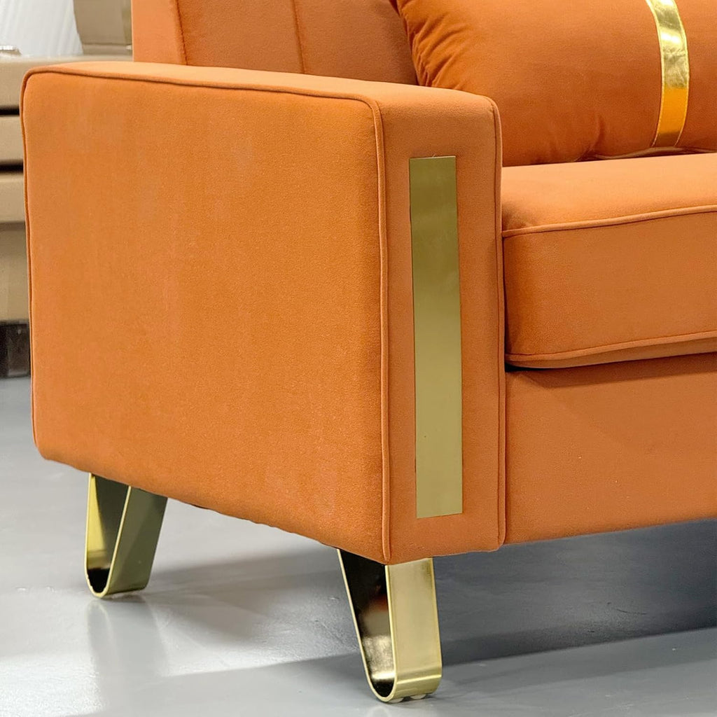 Loveseat Sofa for Living Room Set of 2, 2 Pcs 86" 3-Seater Velvet Sofa Couch with 2 Pillows & Gold Metal Legs, Modern Upholstered Sectional Love Seat Couch Set for Bedroom Apartment Home Office Orange