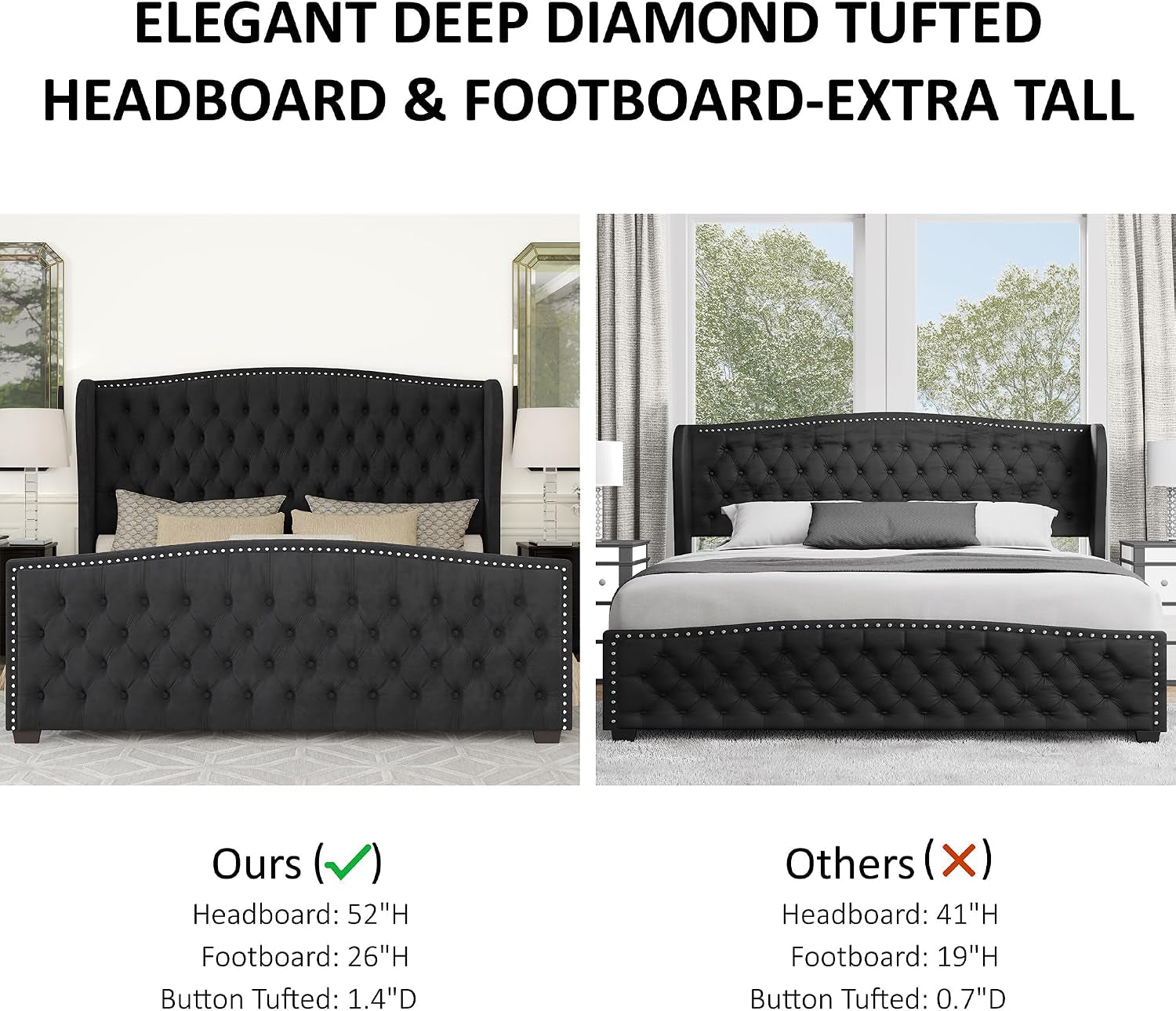 Queen Size Bed Frame with Velvet Upholstered Wingback Headboard