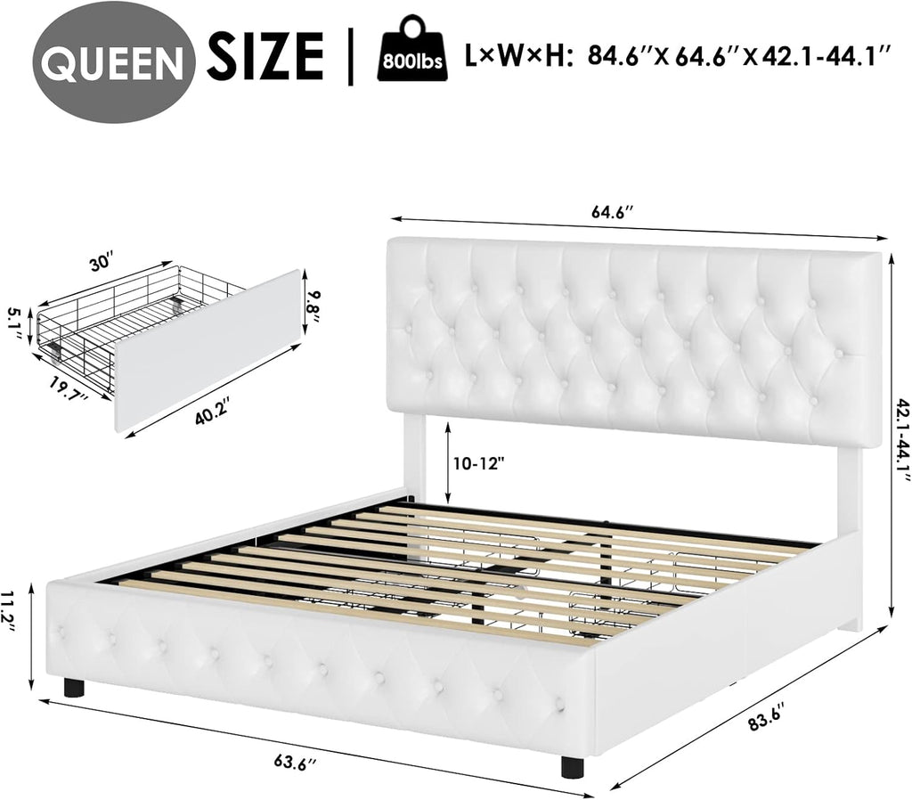 Queen Size Upholstered Platform Bed Frame with 4 Storage Drawers, Modern White Faux Leather Bed with Adjustable Button Tufted Headboard, Solid Wooden Slat Support, Easy Assembly