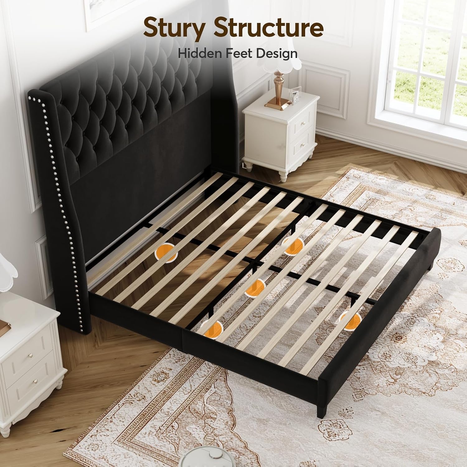 Queen Upholstered Bed Frame, 55.4'' Tall Headboard with Wingback