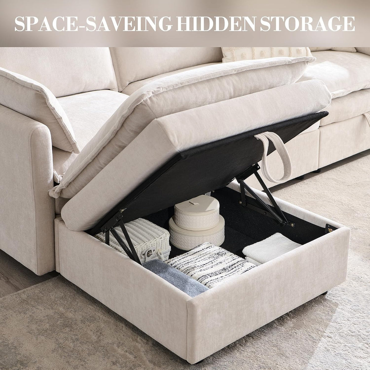 85.83" Modular Sectional Cloud Couches for Living Room, Modern Sectional Sofa with Storage Ottoman, U-Shape 5 Seat Chenille Cloud Sofa with Pillows for Bedroom and Apartment, Beige