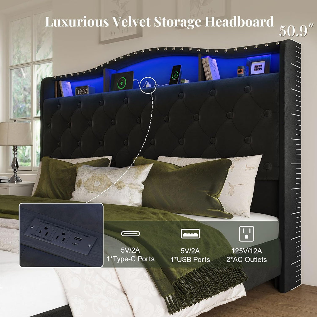 Platform Bed Frame with 50.9" LED Headboard, Queen Black