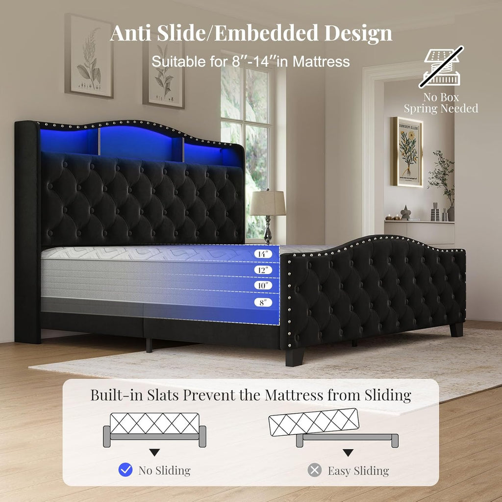 Platform Bed Frame with 50.9" LED Headboard, Queen Black