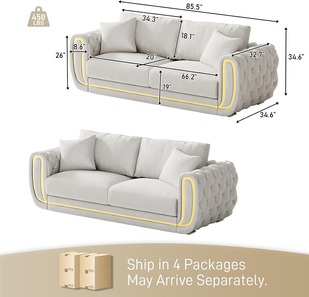 86"&86" Luxury Oversized Velvet Chesterfield Sofa Set,Beige and Gold Couch