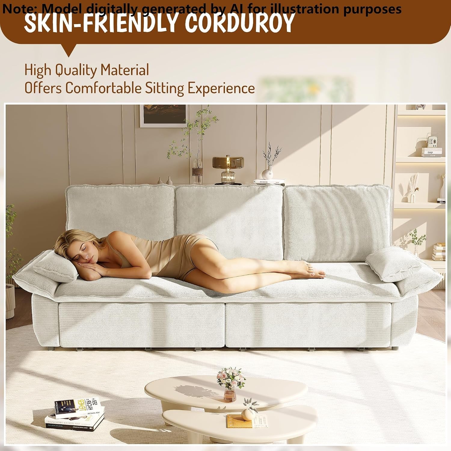 94.5'' King Size Sleeper Sofa Bed, Comfy Corduroy Pull Out Couch, Beige