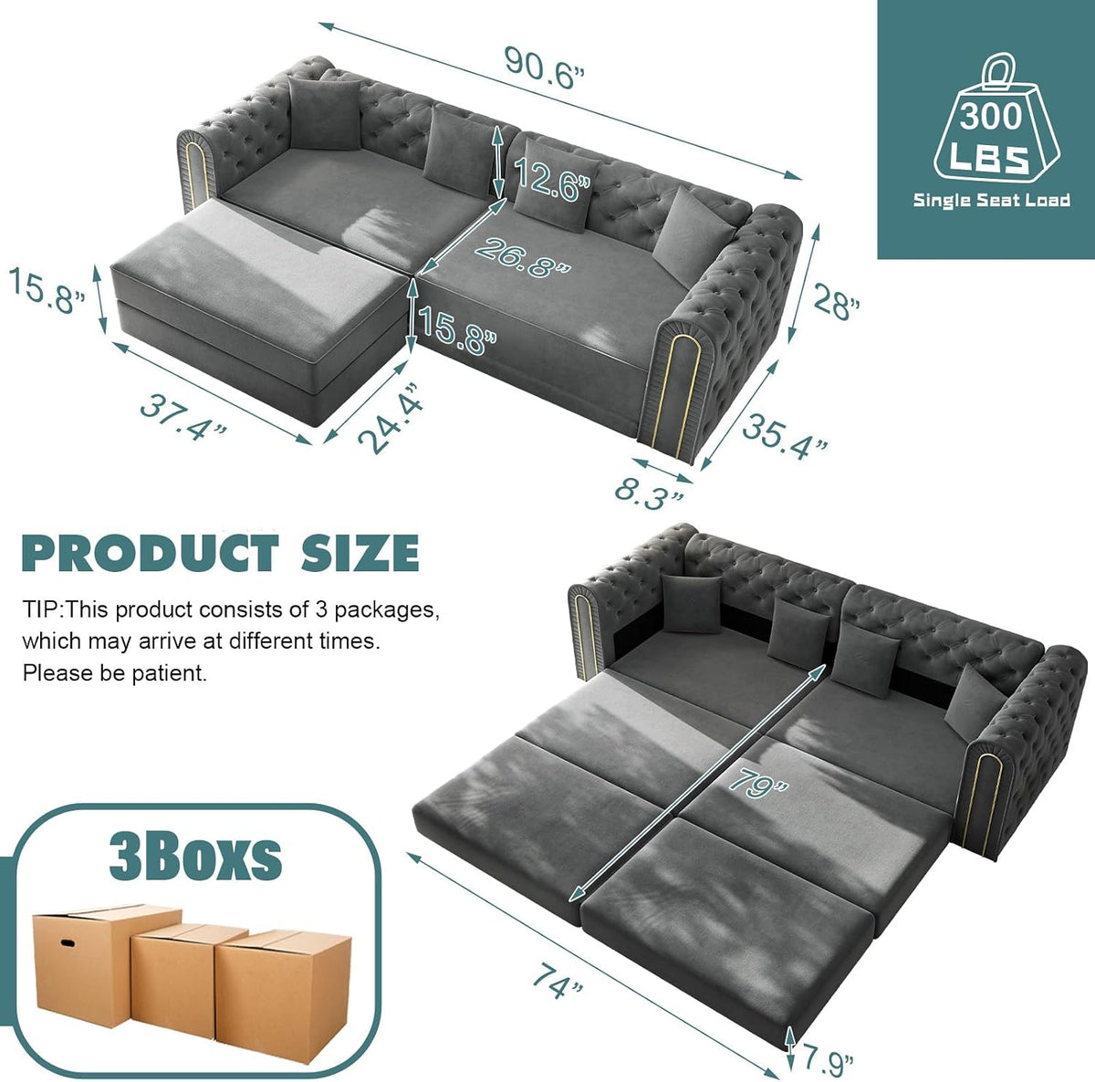 90.6" King Size Sleeper Sofa Bed, 3-In-1 Convertible Foldable Chesterfield Floor Couch with Ottoman, Oversized Velvet Button Tufted L Shaped Sofa for Living Room Small Spaces, Dark Grey